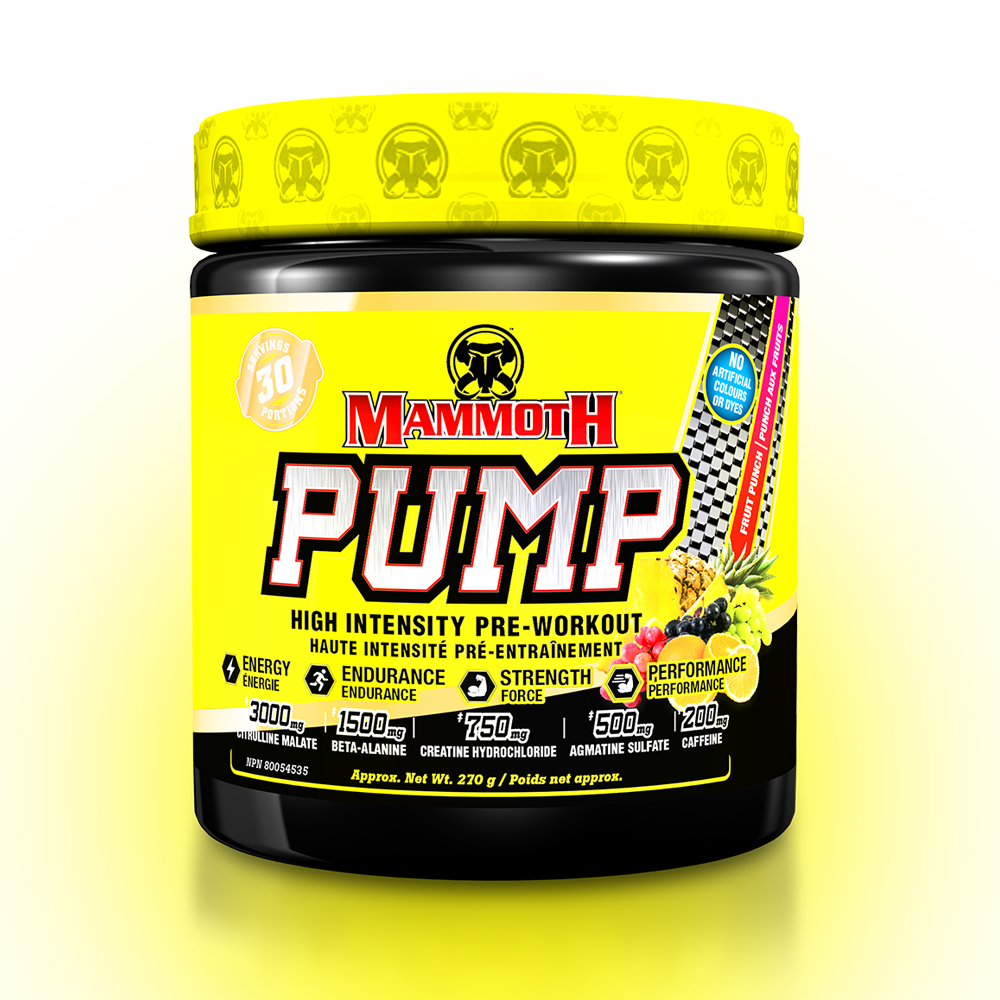 MAMMOTH PUMP - Fully Loaded powerful pre-workout formula with scientifically researched ingredients in effective doses, for Extreme Energy and endurance, high intensity workouts; Hard Muscle Gains and Massive Muscle Pumps! HIGH INTENSITY ENDURANCE STRENGTH. MEN WOMEN. Preworkout Supplement Canada. Fruit Punch PREWORKOUT Dry scoop challenge