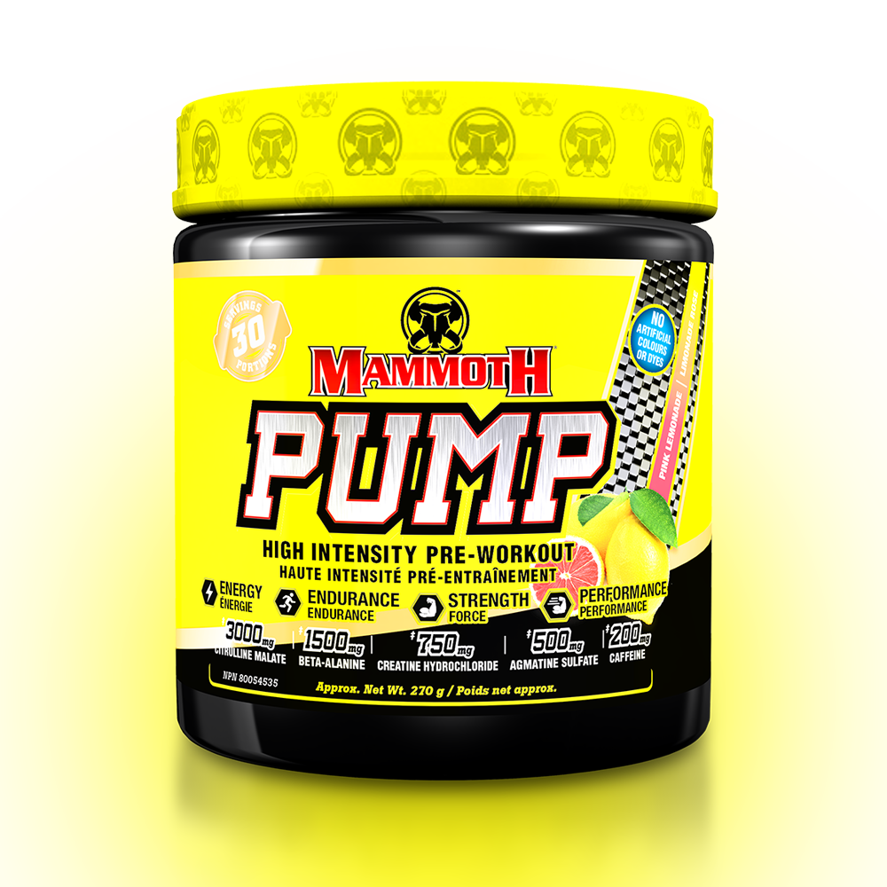 MAMMOTH PUMP - Fully Loaded powerful pre-workout formula with scientifically researched ingredients in effective doses, for Extreme Energy and endurance, high intensity workouts; Hard Muscle Gains and Massive Muscle Pumps! HIGH INTENSITY ENDURANCE STRENGTH. MEN WOMEN. Preworkout Supplement Canada. Pink Lemonade PREWORKOUT