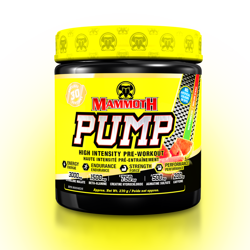 MAMMOTH PUMP - Fully Loaded powerful pre-workout formula with scientifically researched ingredients in effective doses, for Extreme Energy and endurance, high intensity workouts; Hard Muscle Gains and Massive Muscle Pumps! HIGH INTENSITY ENDURANCE STRENGTH. MEN WOMEN. Preworkout Supplement Canada. Watermelon PREWORKOUT
