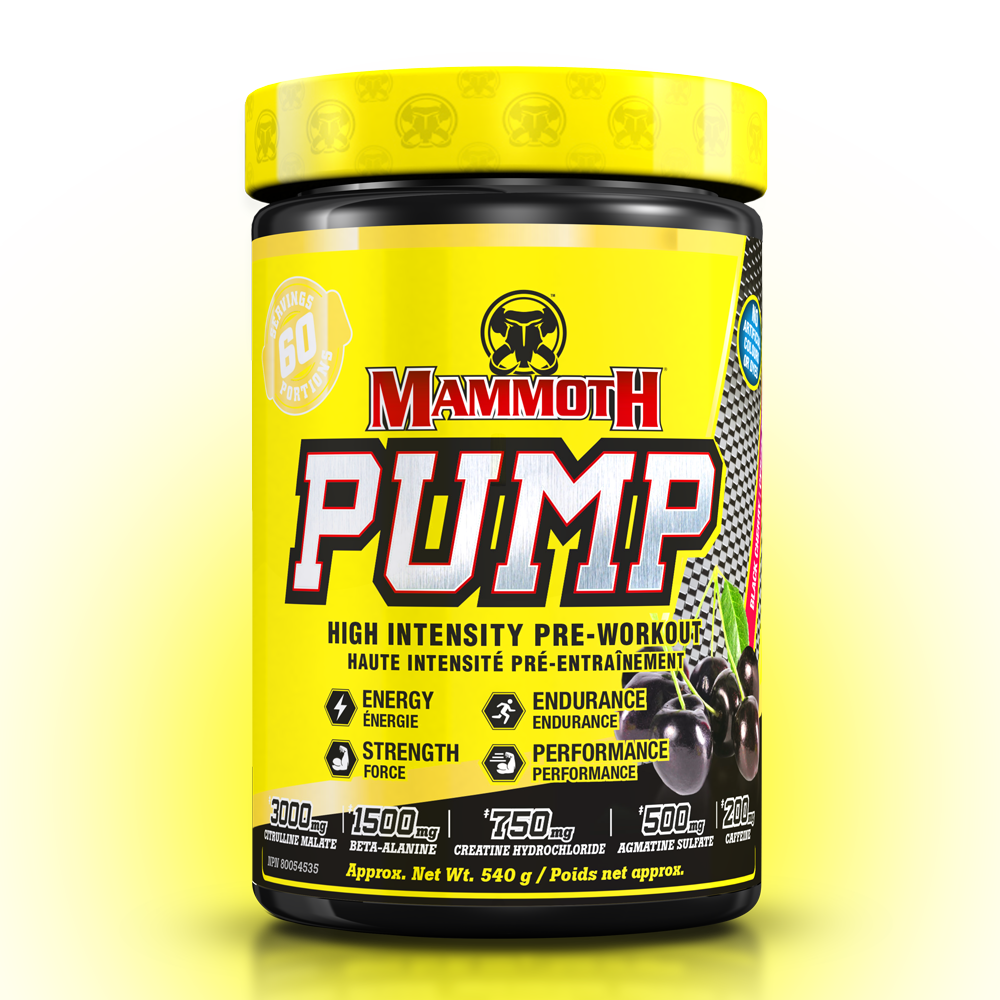 MAMMOTH PUMP - Fully Loaded powerful pre-workout formula with scientifically researched ingredients in effective doses, for Extreme Energy and endurance, high intensity workouts; Hard Muscle Gains and Massive Muscle Pumps! HIGH INTENSITY ENDURANCE STRENGTH. MEN WOMEN. Preworkout Supplement Canada Best. Sour Black Cherry PREWORKOUT