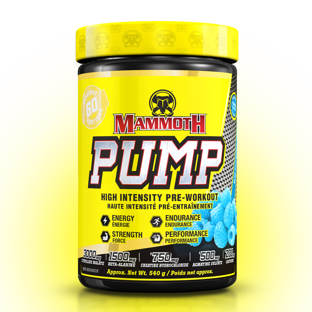 MAMMOTH PUMP - Fully Loaded powerful pre-workout formula with scientifically researched ingredients in effective doses, for Extreme Energy and endurance, high intensity workouts; Hard Muscle Gains and Massive Muscle Pumps! HIGH INTENSITY ENDURANCE STRENGTH. MEN WOMEN. Preworkout Supplement Canada. Best PREWORKOUT. Blue Raspberry flavour.