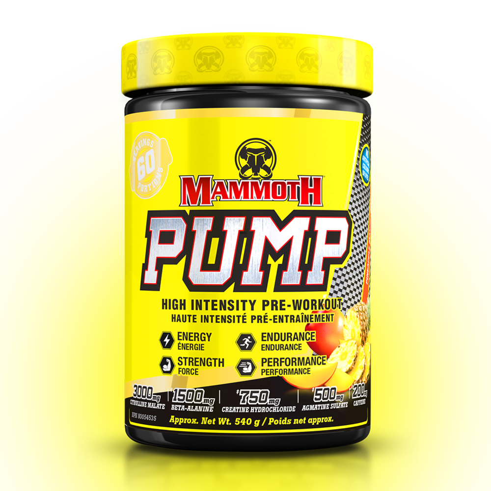 MAMMOTH PUMP - Fully Loaded powerful pre-workout formula with scientifically researched ingredients in effective doses, for Extreme Energy and endurance, high intensity workouts; Hard Muscle Gains and Massive Muscle Pumps! HIGH INTENSITY ENDURANCE STRENGTH. MEN WOMEN. Preworkout Supplement Canada. Best PREWORKOUT. Peach Mango flavour.