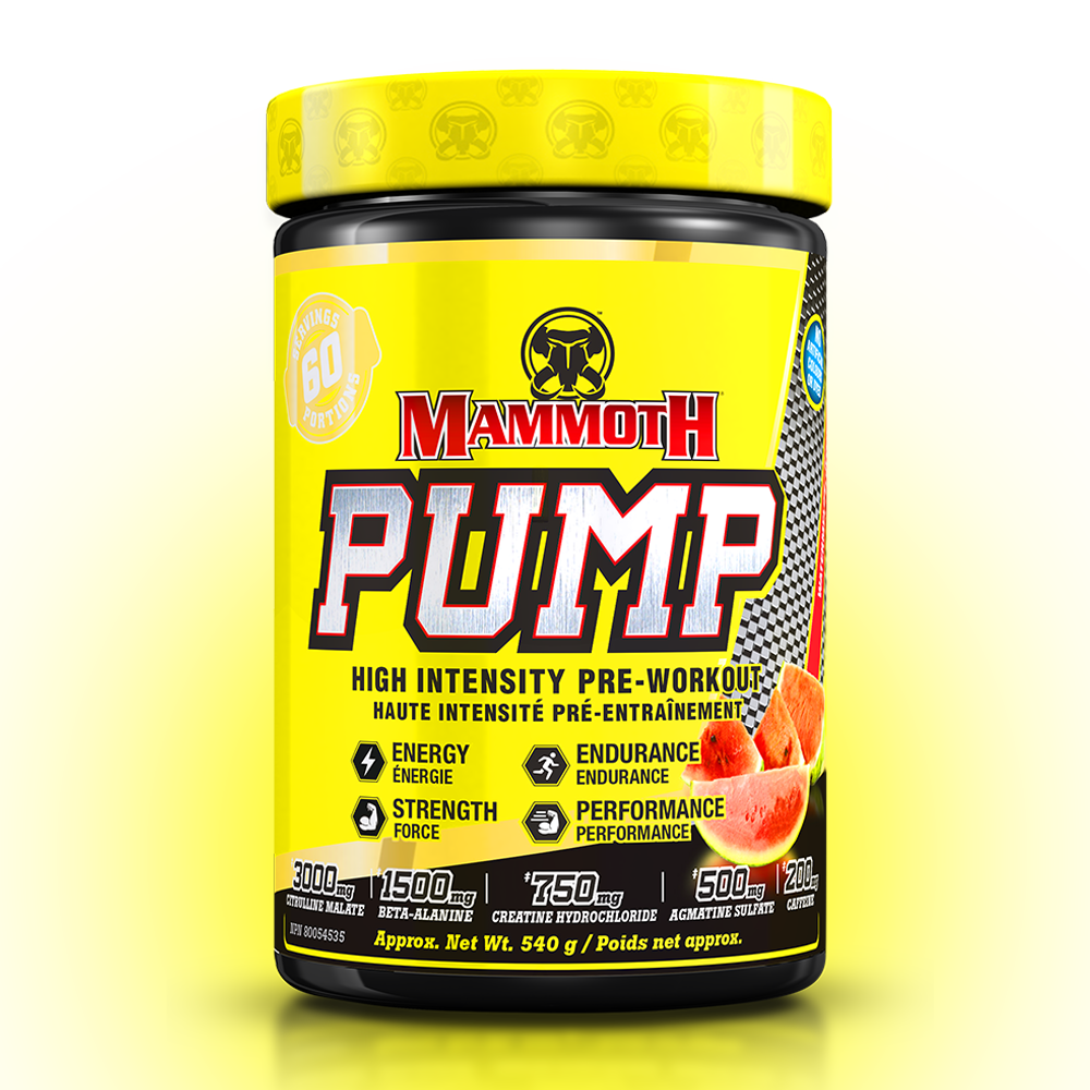 MAMMOTH PUMP - Fully Loaded powerful pre-workout formula with scientifically researched ingredients in effective doses, for Extreme Energy and endurance, high intensity workouts; Hard Muscle Gains and Massive Muscle Pumps! HIGH INTENSITY ENDURANCE STRENGTH. MEN WOMEN. Preworkout Supplement Canada. Best PREWORKOUT. 60 servings. Watermelon flavour.