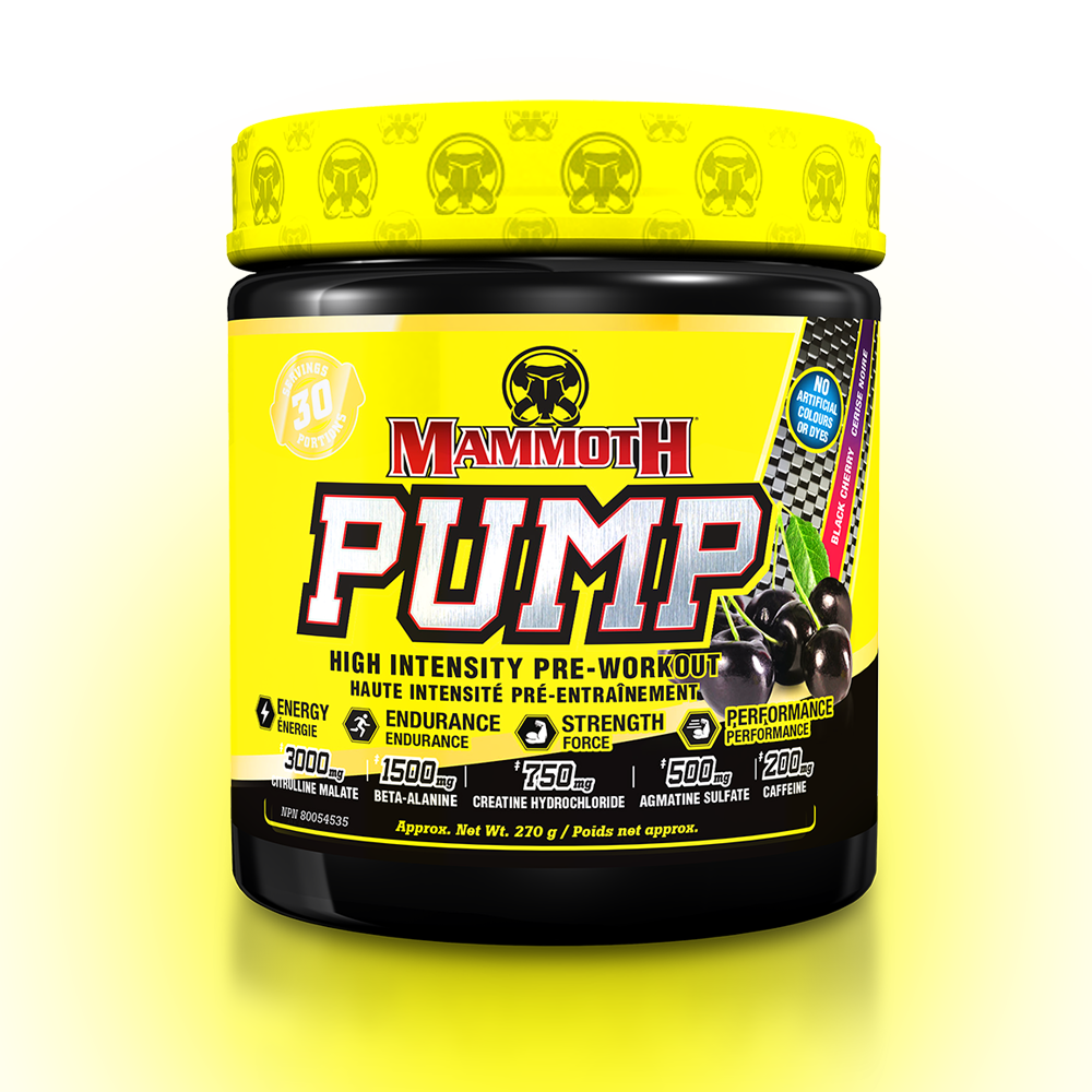 MAMMOTH PUMP - Fully Loaded powerful pre-workout formula with scientifically researched ingredients in effective doses, for Extreme Energy and endurance, high intensity workouts; Hard Muscle Gains and Massive Muscle Pumps! Sour Black Cherry PREWORKOUT HIGH INTENSITY ENDURANCE STRENGTH. MEN WOMEN. Preworkout Supplement Canada.  