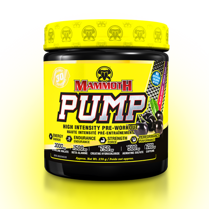MAMMOTH PUMP - Fully Loaded powerful pre-workout formula with scientifically researched ingredients in effective doses, for Extreme Energy and endurance, high intensity workouts; Hard Muscle Gains and Massive Muscle Pumps! Sour Black Cherry PREWORKOUT HIGH INTENSITY ENDURANCE STRENGTH. MEN WOMEN. Preworkout Supplement Canada.  