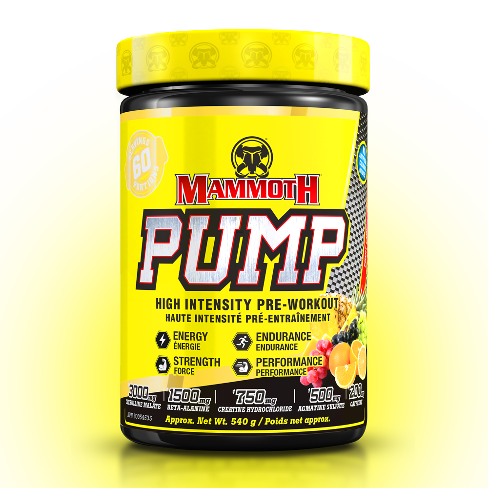 MAMMOTH PUMP - Fully Loaded powerful pre-workout formula with scientifically researched ingredients in effective doses, for Extreme Energy and endurance, high intensity workouts; Hard Muscle Gains and Massive Muscle Pumps! HIGH INTENSITY ENDURANCE STRENGTH. MEN WOMEN. Preworkout Supplement Canada. Best PREWORKOUT. Fruit Punch  flavour. 