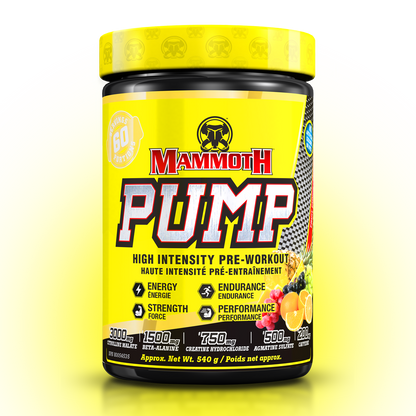 MAMMOTH PUMP - Fully Loaded powerful pre-workout formula with scientifically researched ingredients in effective doses, for Extreme Energy and endurance, high intensity workouts; Hard Muscle Gains and Massive Muscle Pumps! HIGH INTENSITY ENDURANCE STRENGTH. MEN WOMEN. Preworkout Supplement Canada. Best PREWORKOUT. Fruit Punch  flavour. 