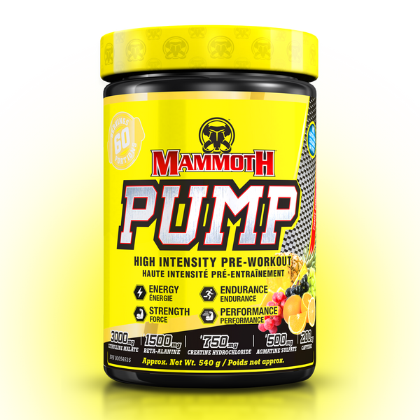 MAMMOTH PUMP - Fully Loaded powerful pre-workout formula with scientifically researched ingredients in effective doses, for Extreme Energy and endurance, high intensity workouts; Hard Muscle Gains and Massive Muscle Pumps! HIGH INTENSITY ENDURANCE STRENGTH. MEN WOMEN. Preworkout Supplement Canada. Best PREWORKOUT. Fruit Punch  flavour. 