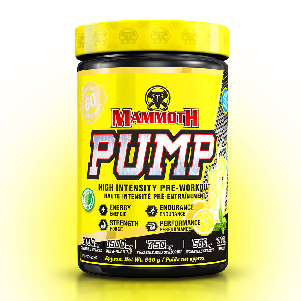 MAMMOTH PUMP - Fully Loaded powerful pre-workout formula with scientifically researched ingredients in effective doses, for Extreme Energy and endurance, high intensity workouts; Hard Muscle Gains and Massive Muscle Pumps! HIGH INTENSITY ENDURANCE STRENGTH. MEN WOMEN. Preworkout Supplement Canada. Best PREWORKOUT. Sour Lemonade flavour. 