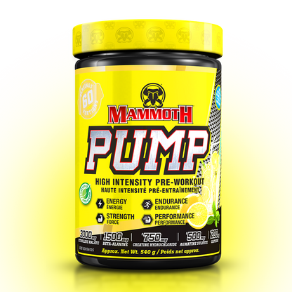 MAMMOTH PUMP - Fully Loaded powerful pre-workout formula with scientifically researched ingredients in effective doses, for Extreme Energy and endurance, high intensity workouts; Hard Muscle Gains and Massive Muscle Pumps! HIGH INTENSITY ENDURANCE STRENGTH. MEN WOMEN. Preworkout Supplement Canada. Best PREWORKOUT. Sour Lemonade flavour. 