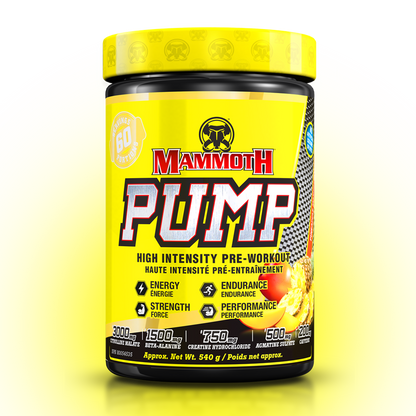 MAMMOTH PUMP - Fully Loaded powerful pre-workout formula with scientifically researched ingredients in effective doses, for Extreme Energy and endurance, high intensity workouts; Hard Muscle Gains and Massive Muscle Pumps! HIGH INTENSITY ENDURANCE STRENGTH. MEN WOMEN. Preworkout Supplement Canada. Best PREWORKOUT. Peach Mango flavour. 