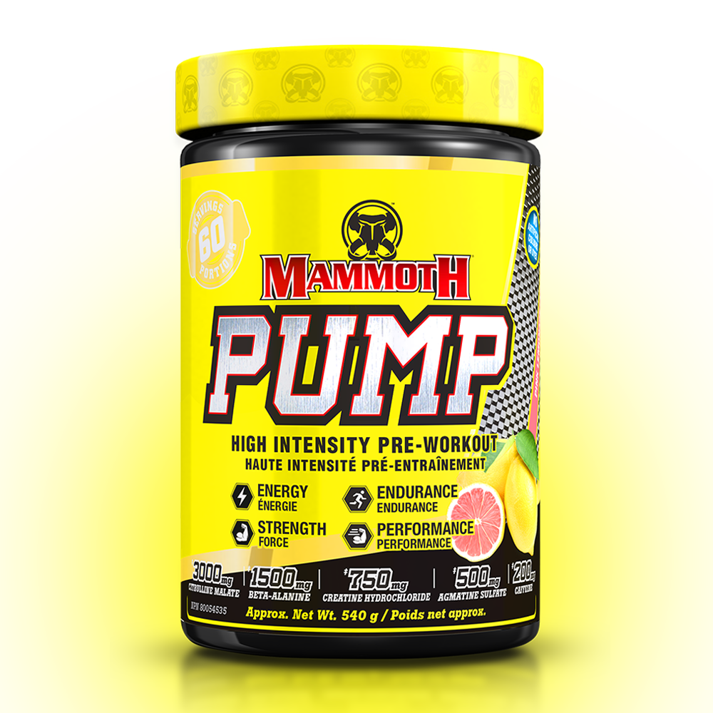 MAMMOTH PUMP - Fully Loaded powerful pre-workout formula with scientifically researched ingredients in effective doses, for Extreme Energy and endurance, high intensity workouts; Hard Muscle Gains and Massive Muscle Pumps! HIGH INTENSITY ENDURANCE STRENGTH. MEN WOMEN. Preworkout Supplement Canada. Best PREWORKOUT. Pink Lemonade  flavour. 