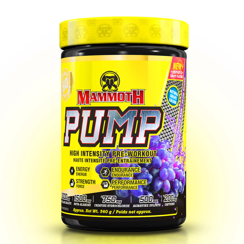 MAMMOTH PUMP - Fully Loaded powerful pre-workout formula with scientifically researched ingredients in effective doses, for Extreme Energy and endurance, high intensity workouts; Hard Muscle Gains and Massive Muscle Pumps! PURPLE RAIN PREWORKOUT HIGH INTENSITY ENDURANCE STRENGTH. MEN WOMEN. Preworkout Supplement Canada.'s best new preworkout flavour. 60 servings. Purple Grape.
