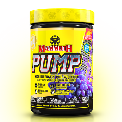 MAMMOTH PUMP - Fully Loaded powerful pre-workout formula with scientifically researched ingredients in effective doses, for Extreme Energy and endurance, high intensity workouts; Hard Muscle Gains and Massive Muscle Pumps! PURPLE RAIN PREWORKOUT HIGH INTENSITY ENDURANCE STRENGTH. MEN WOMEN. Preworkout Supplement Canada.'s best new preworkout flavour. 60 servings. Purple Grape.