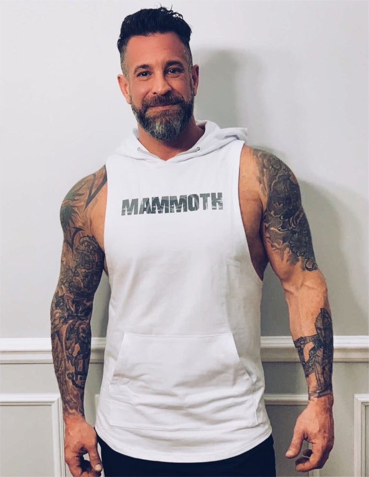 MAMMOTH White drop Sleeveless Hoodie. Show off your hard work at the gym or home workout. Weight training apparel. Bodybuilding. Men's Fitness Apparel. Canada. Men's training tank.  Edit alt text