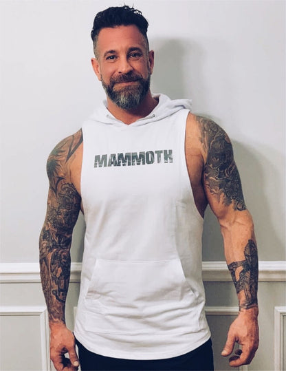 MAMMOTH White drop Sleeveless Hoodie. Show off your hard work at the gym or home workout. Weight training apparel. Bodybuilding. Men's Fitness Apparel. Canada. Men's training tank.  Edit alt text