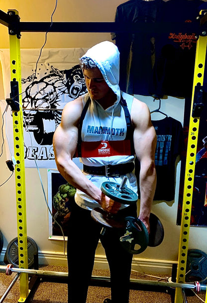 MAMMOTH White drop Sleeveless Hoodie. Show off your hard work at the gym or home workout. Weight training apparel. Bodybuilding. Men's Fitness Apparel. Canada. Men's training tank.