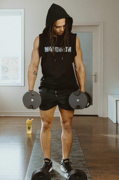 Mammoth Classic Sleeveless Hoodie with sleek cut can be worn in or outside of the gym. This will become a staple. Comfort. Style. Weight training. Workouts. Bodybuilding. Men's Fitness Apparel. Tank. Canada. MAMMOTH APPAREL Home Workout. Weights. Mammoth Switch Adjustable Dumbbells.