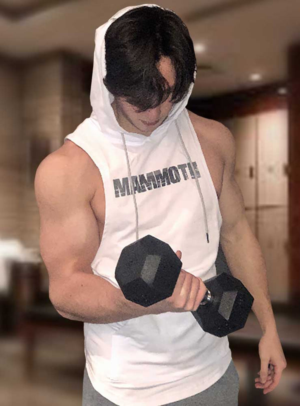 MAMMOTH White drop Sleeveless Hoodie. Show off your hard work at the gym or home workout. Weight training apparel. Bodybuilding. Men's Fitness Apparel. Canada.